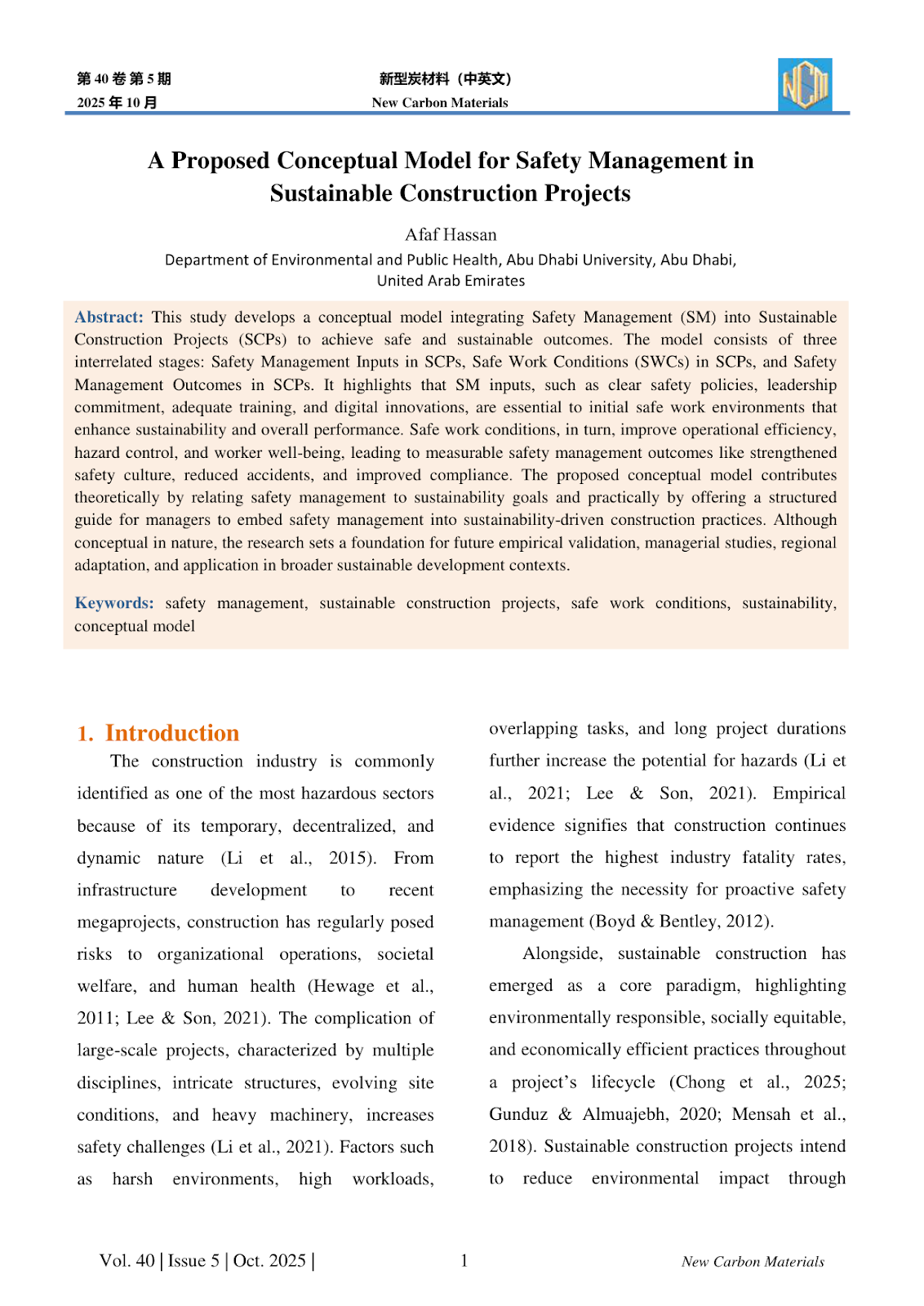 A Proposed Conceptual Model for Safety Management in Sustainable Construction Projects