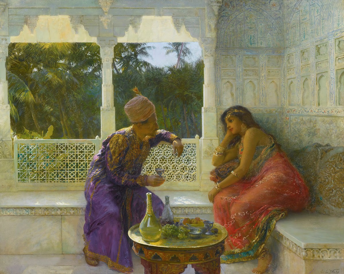 Figures In An Interior With Garden Of Palms Beyond
