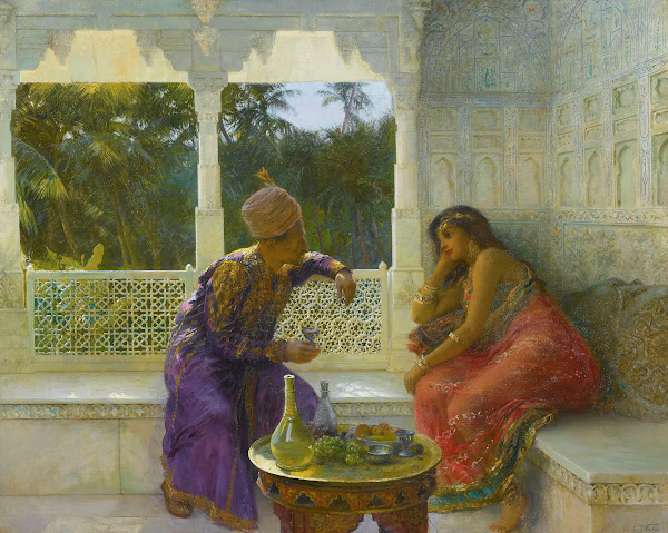 Figures In An Interior With Garden Of Palms Beyond