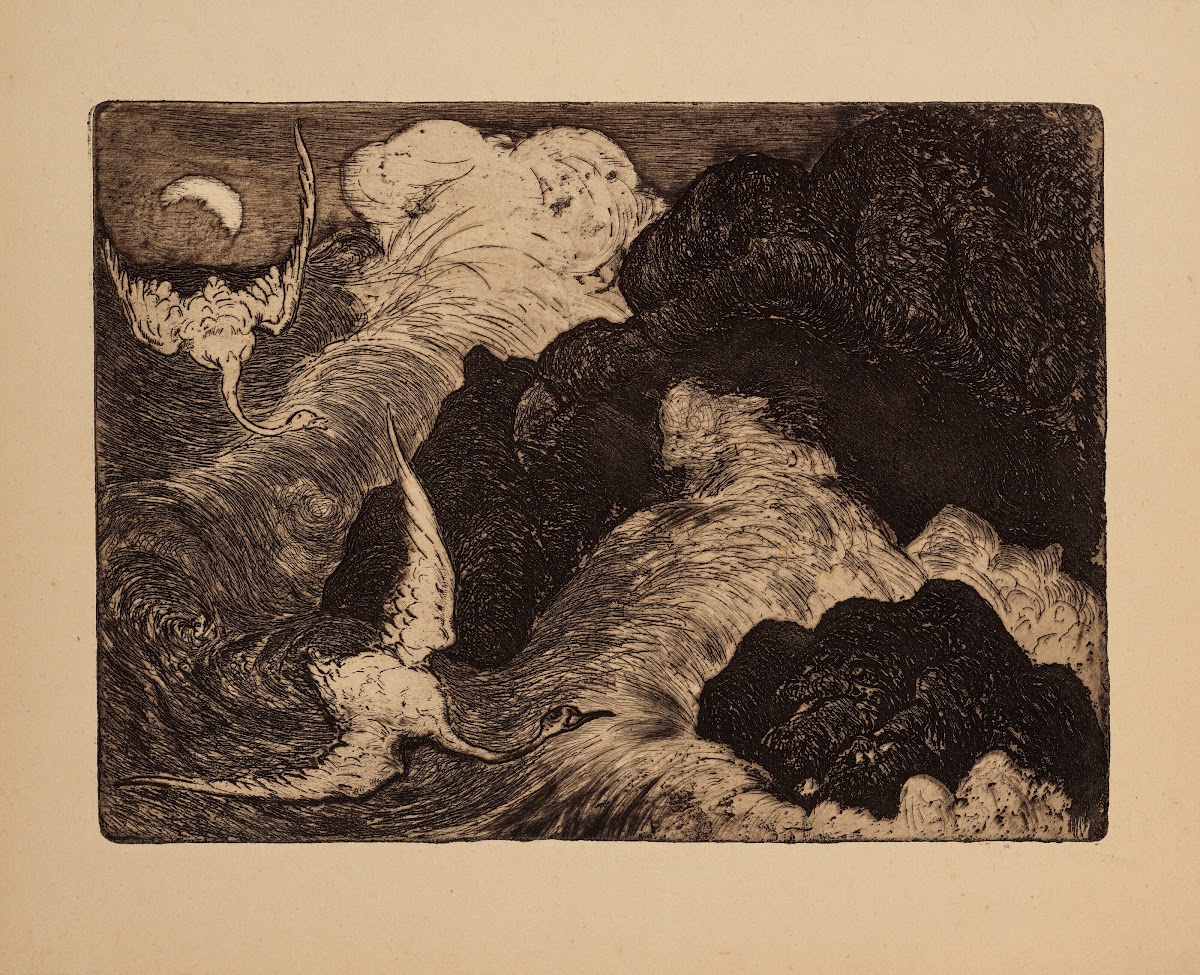 Deux cygnes volant au dessus de la mer Two swans Flying over sea 1892