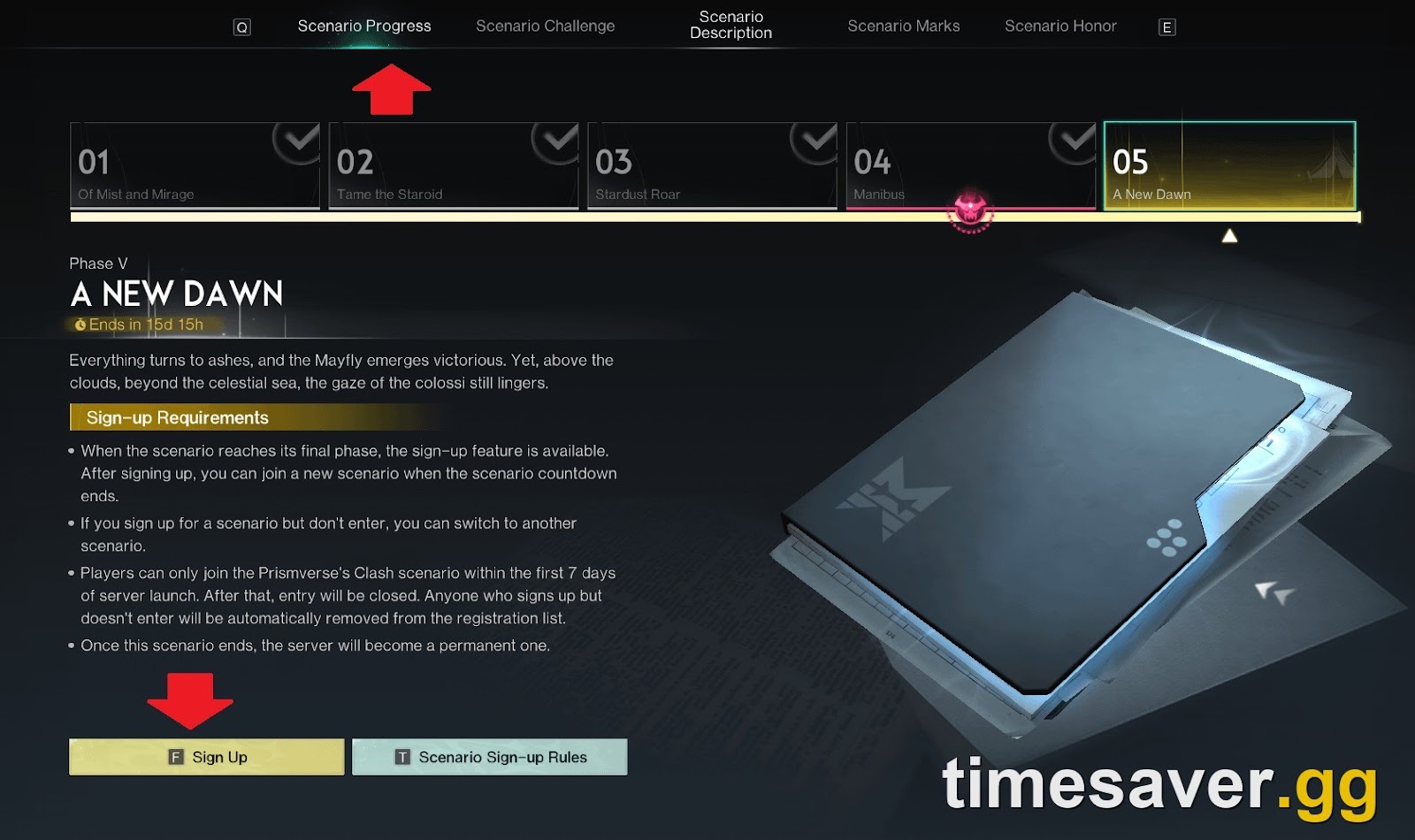 Once Human scenario panel with the Scenario Progress, Scenario Description and Scenario Marks tabs, the phase timeline, and the Scenario Sign-Up button — the menu used to Early Exit a server