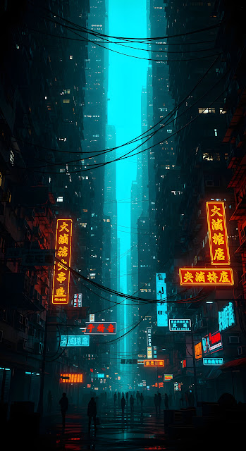 Gritty Cyberpunk City Alley with Neon Signs and Teal Glow - Free mobile Wallpaper