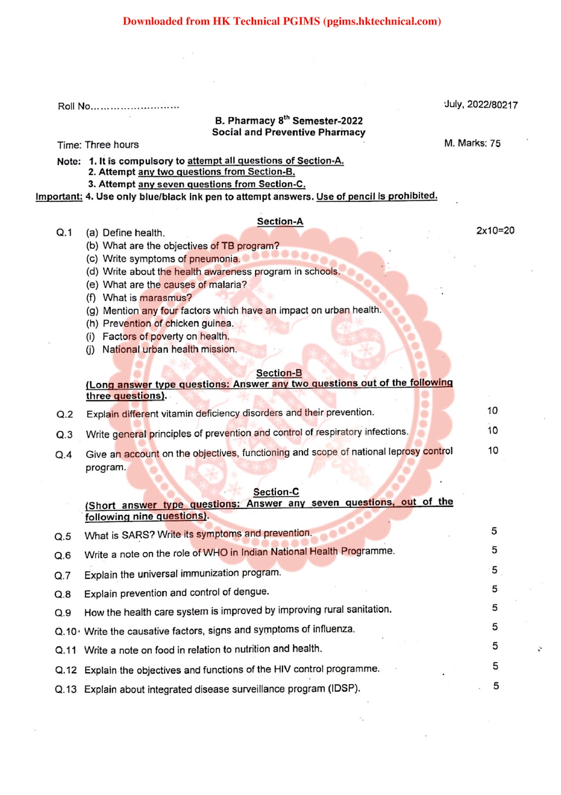 Social and Preventive Pharmacy PGIMS UHSR 8th Semester B.Pharmacy Previous Year's Question Paper,BP802T Social and Preventive Pharmacy,BPharmacy,BPharm 8th Semester,Previous Year's Question Papers,PGIMS Question Paper,Social and Preventive Pharmacy,University of Health Sciences Rohtak (UHSR),