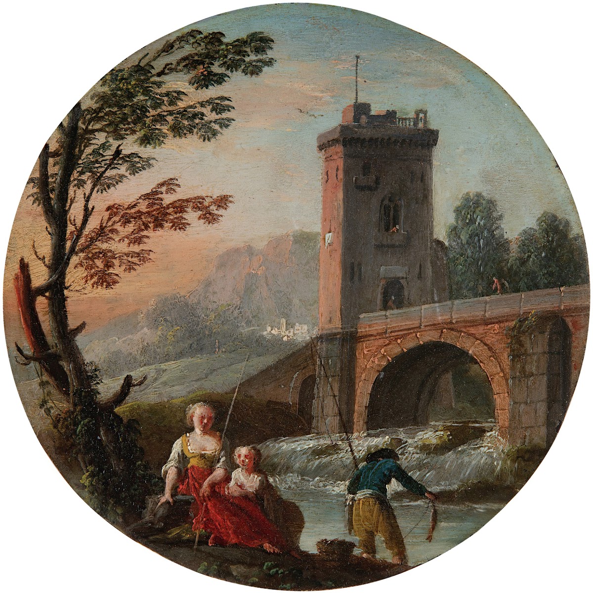 A fisherman and family beneath a bridge