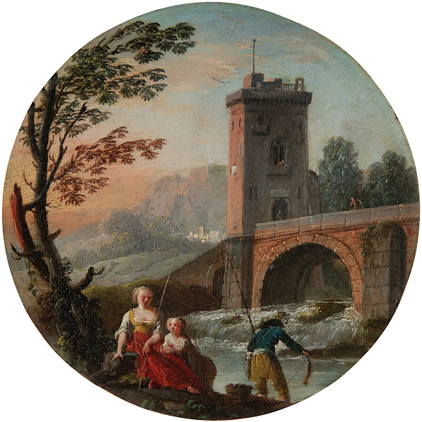 A fisherman and family beneath a bridge