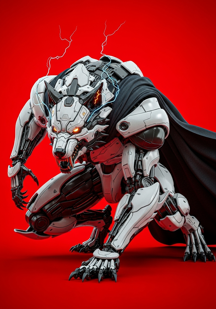 Cyborg Wolf Mech Warrior Intense Red Background Sci-Fi