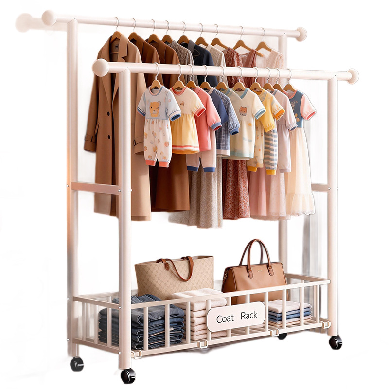 Double-bar drying rack, movable, with net compartment