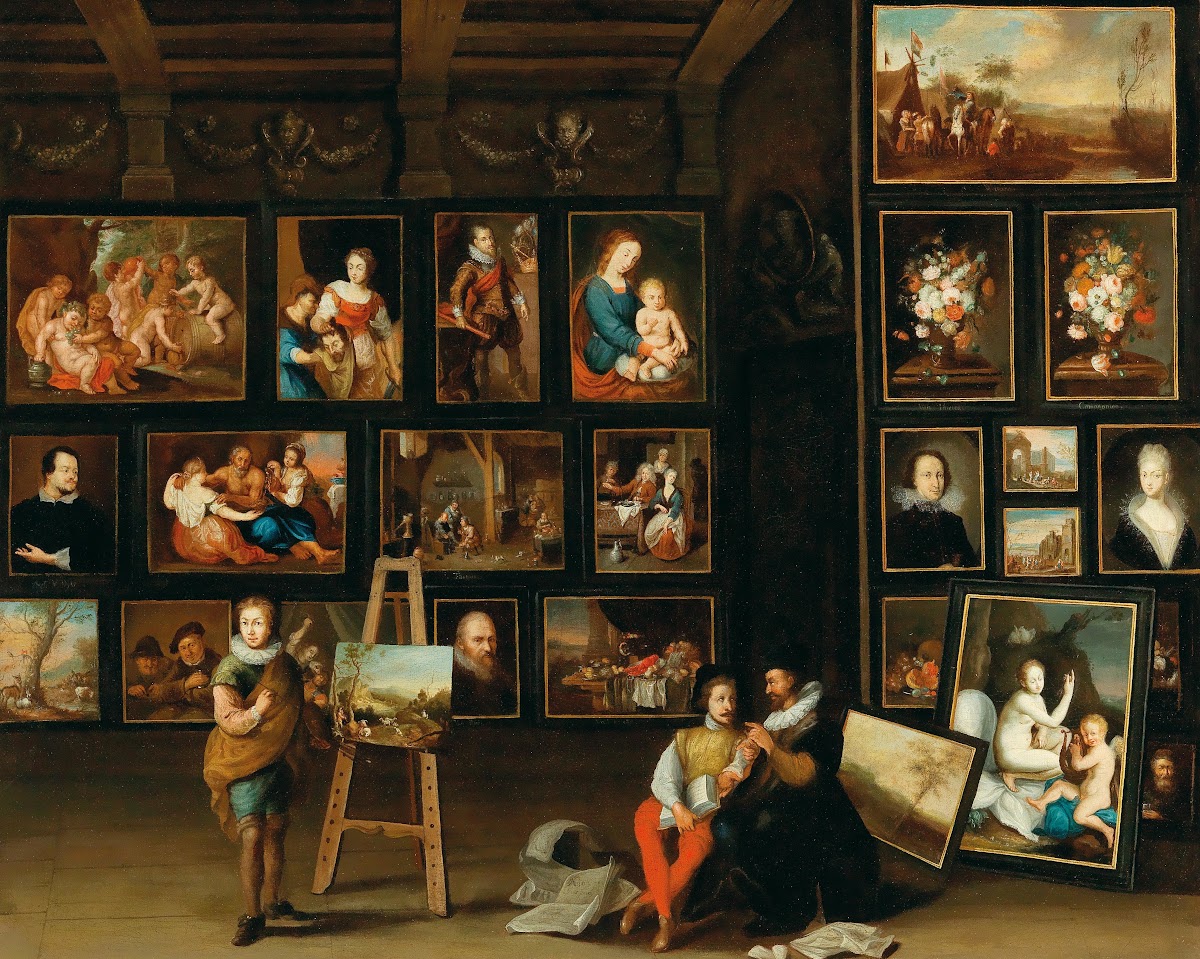 A Picture Gallery With Two Collectors And A Painter At His Easel