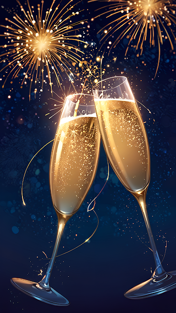 Golden Champagne Toast Illustration with Fireworks - Free mobile Wallpaper