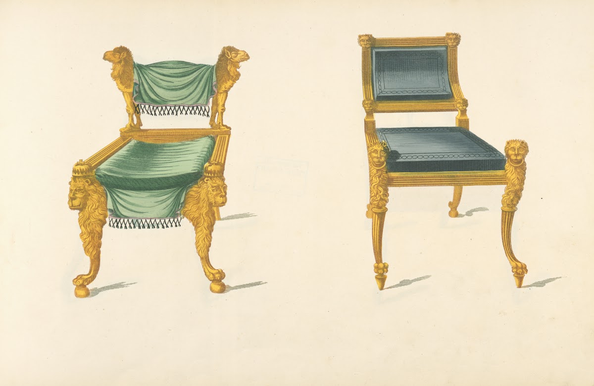 Two gilt chairs with lion camel motifs 1805   1806