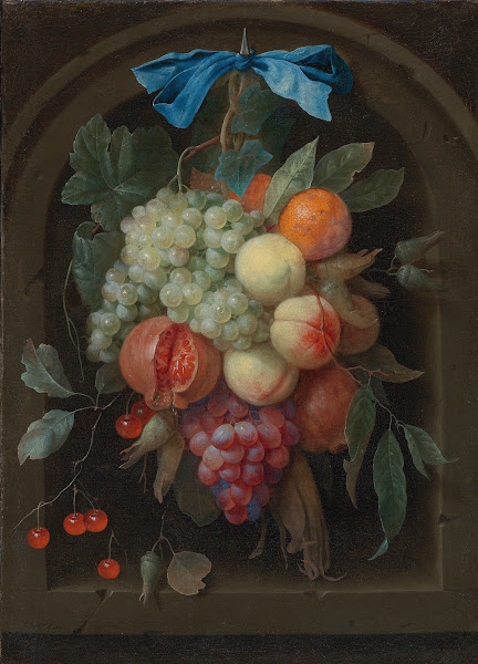 Still Life Of Grapes Peaches A Pomegranate And Other Fruit Hanging From A Nail B