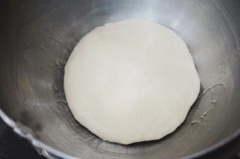 Cho một ít dầu ăn vào thố để chống dính, vê tròn khối bột và bọc kín bằng màn bọc thực phẩm. Sau đó đem ủ ở nơi ấm nhất trong bếp. Thời gian ủ lần 1 là 2 tiếng cho đến khi bột nở to gấp đôi gấp ba là được. Bột sau khi ủ xong kiểm tra bằng cách ấn ngón tay vào giữa khối bột và rút ra, nếu thấy lõm như hình và không dính tay là bột đã đủ tiêu chuẩn.