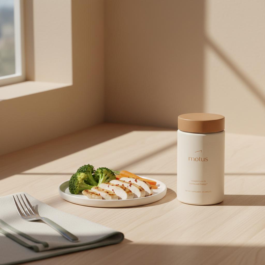 Tonum Motus supplement bottle on a light wood counter beside a plate with lean protein and vegetables, illustrating berberine belly fat support in a minimalist wellness scene.