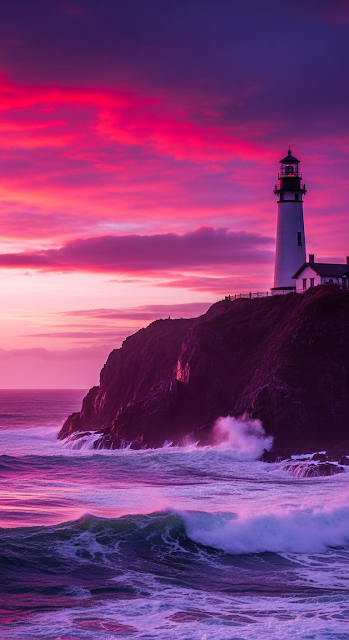 Dramatic Lighthouse on Cliff Coastal Sunset Vivid Purple Waves - Free mobile Wallpaper