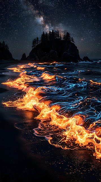 Abstract 3D Render of Bioluminescent Waves at a Dark Night Shoreline - Free mobile Wallpaper