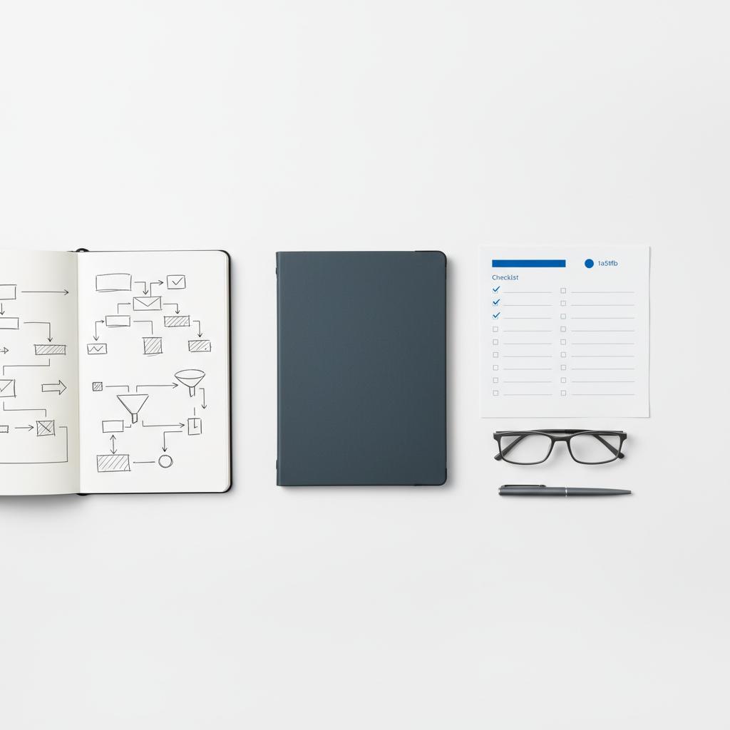 Flat-lay workspace with closed tablet, non-legible HIPAA checklist with blue accent headings, pen and reading glasses &mdash; minimal Agency Visible style for article about doctors advertise on social media