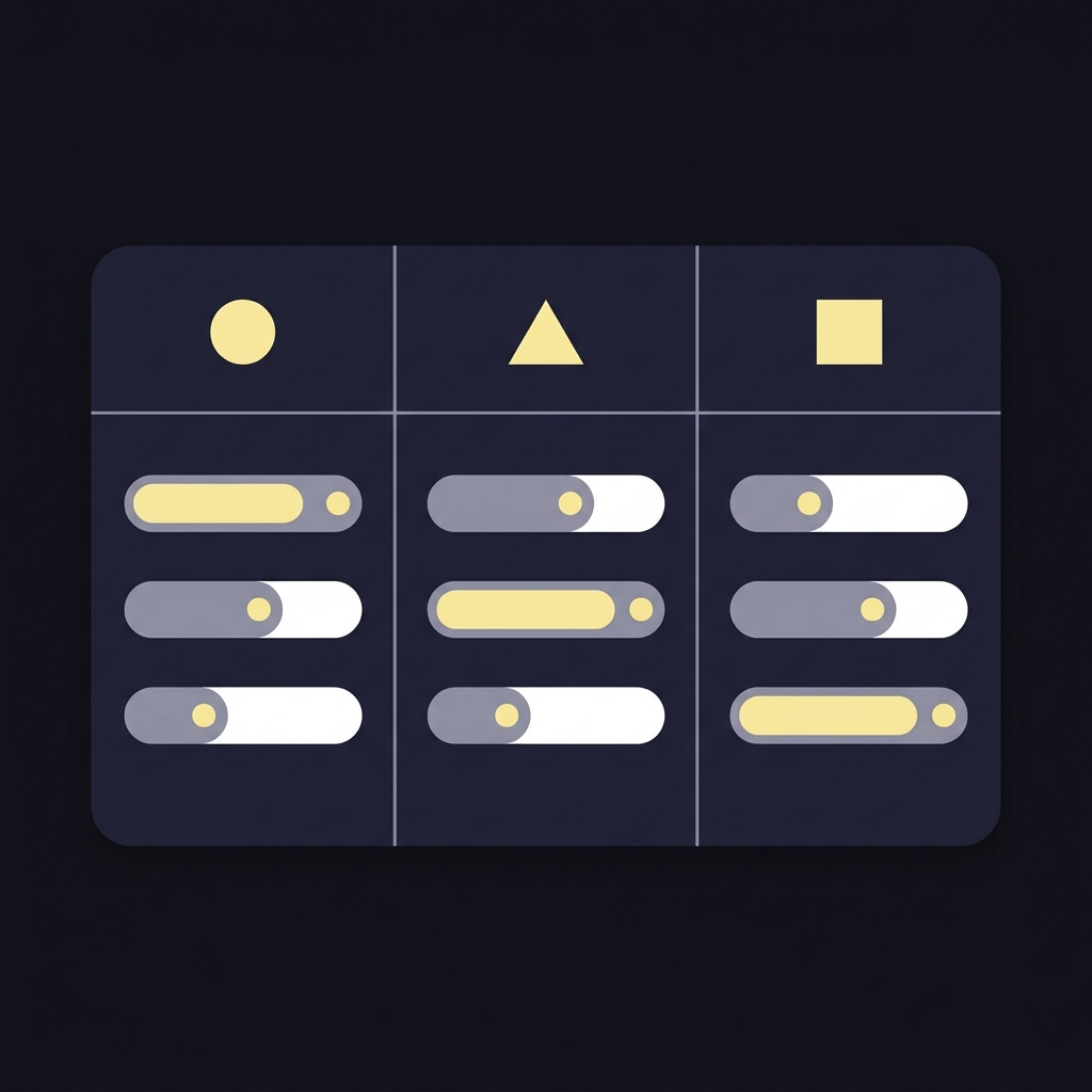 Minimalist 2D vector comparison table showing three columns for fair decimal market decimal and implied margin represented by horizontal bars on a dark Funded Plays style background odds to percentage calculator