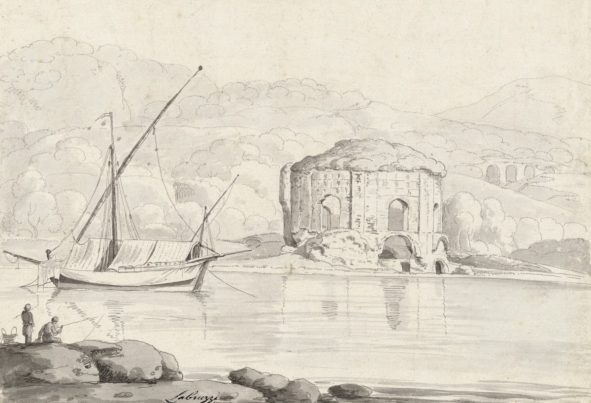 The so called Temple of Venus at Baiae with a boat and two fishermen in the fore