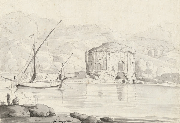 The so called Temple of Venus at Baiae with a boat and two fishermen in the fore
