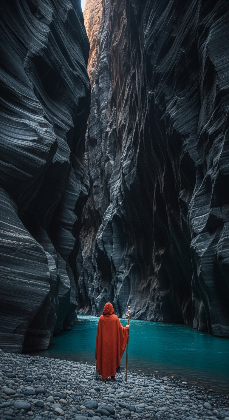 Epic and Moody View of a Person in an Orange Cloak Standing by a Turquoise River in a Deep Slot Canyon - Free 4K mobile Wallpaper