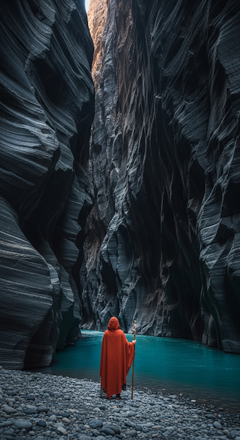 Epic and Moody View of a Person in an Orange Cloak Standing by a Turquoise River in a Deep Slot Canyon - Free mobile Wallpaper