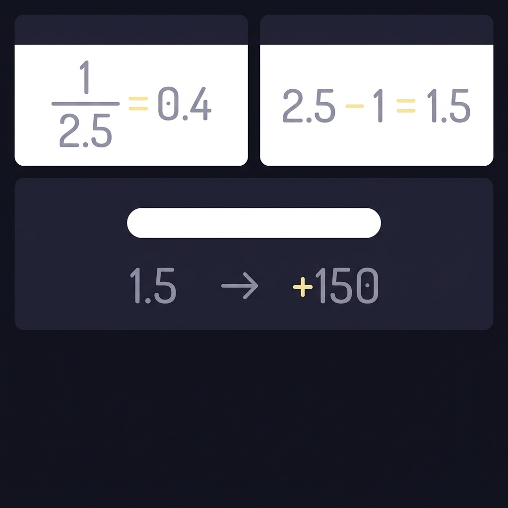 Minimalist 2D vector infographic illustrating three conversion steps for a decimal to odds converter with examples one over 2.5 equals 0.4 decimal minus 1 equals 1.5 and conversion to american odds plus 150