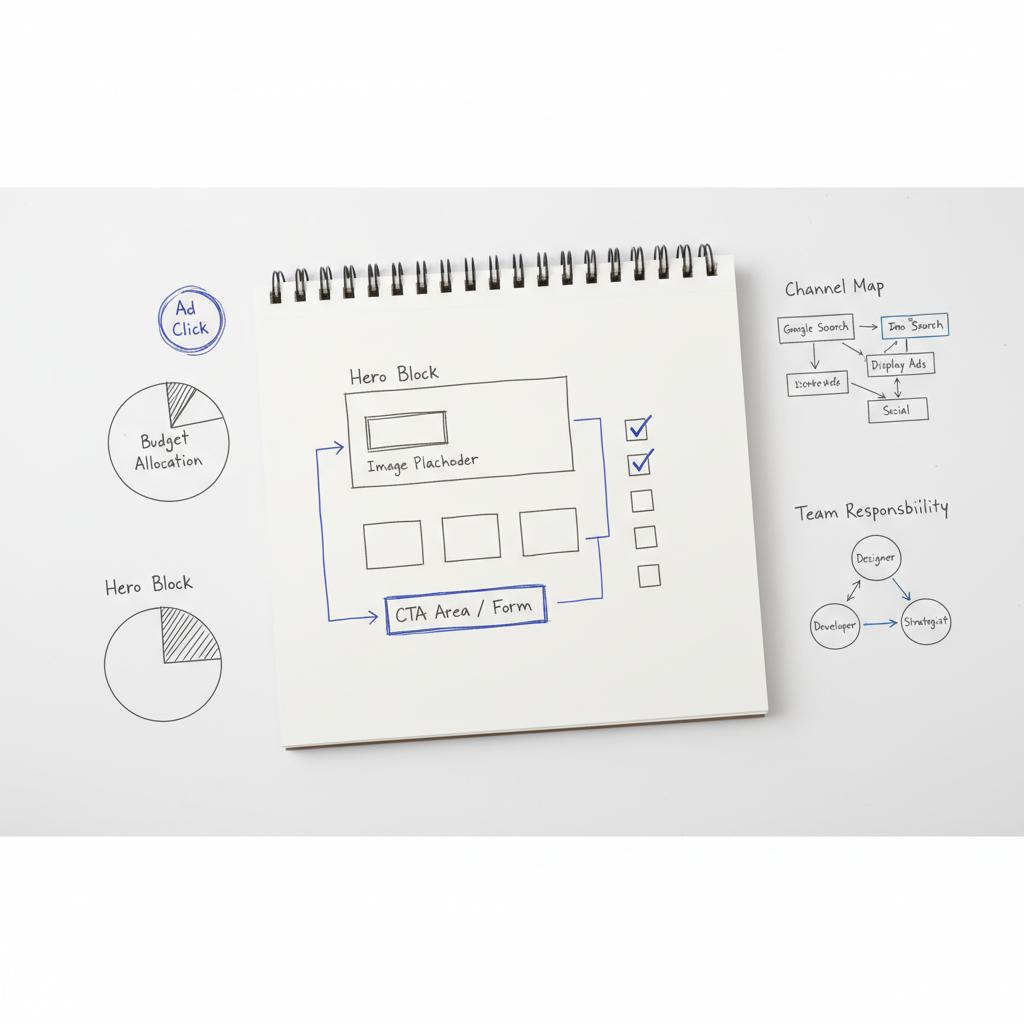 Close-up notebook with hand-drawn landing page wireframe, checklist and user-journey arrows in Agency Visible palette on white background for Google Ads planning