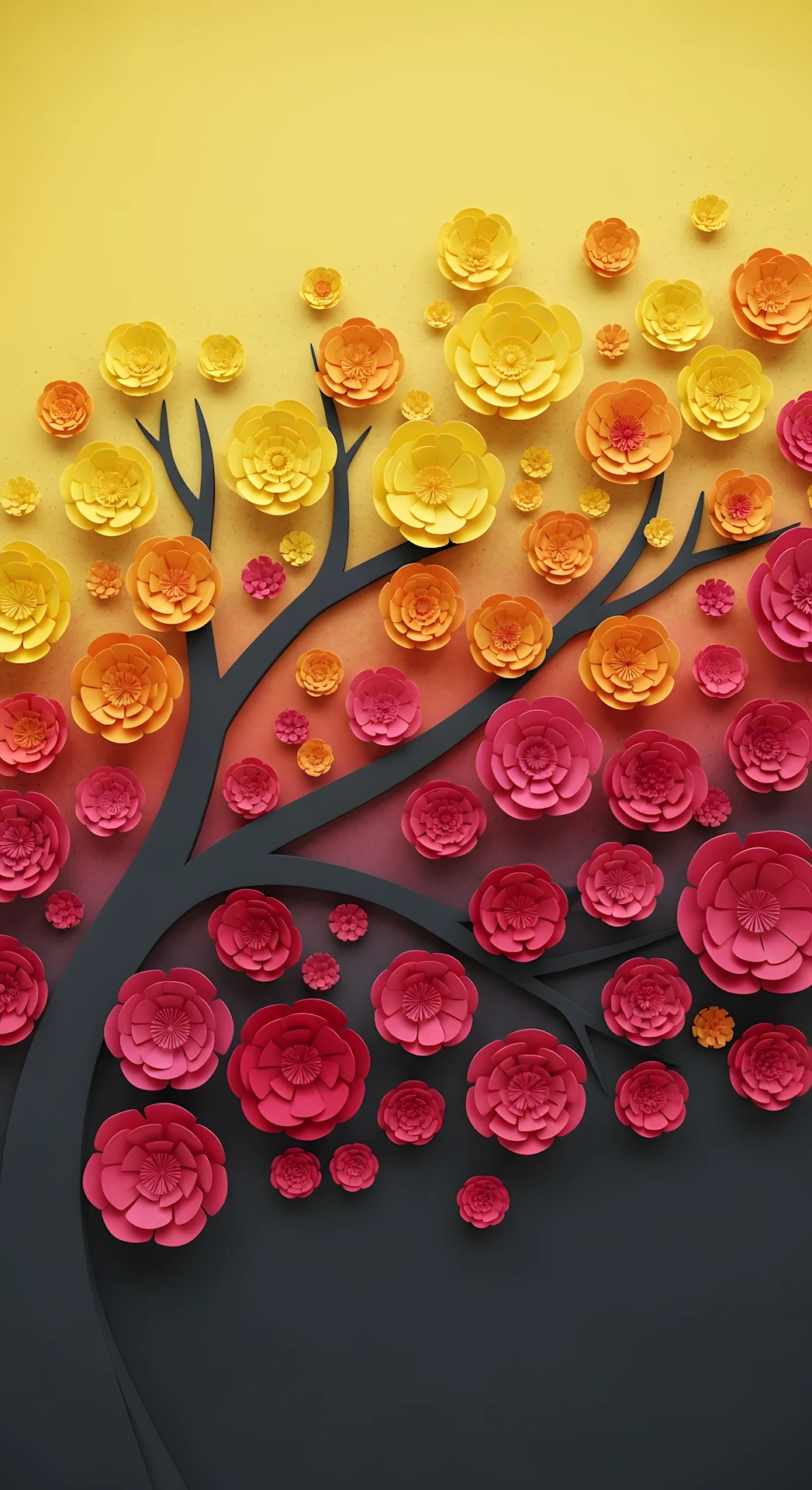 Paper Cut Tree Silhouette with Gradient Bloom Flowers - Free 4K mobile Wallpaper