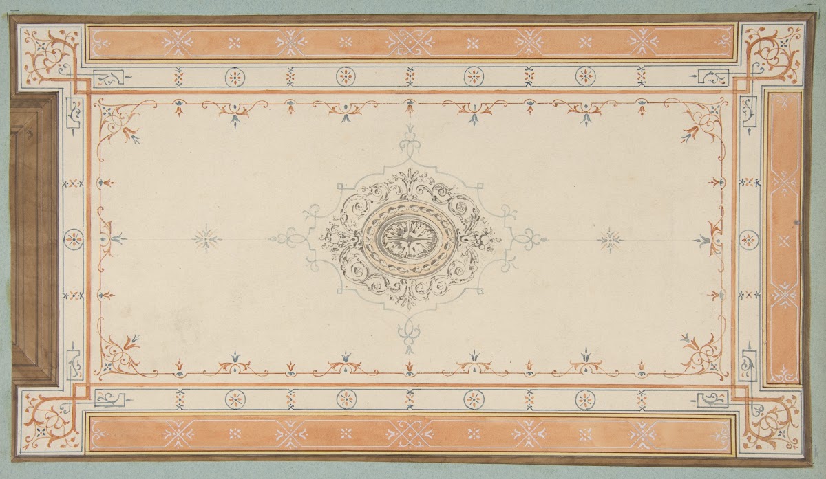 Design for the decoration of a ceiling with filagree borders and a central medal