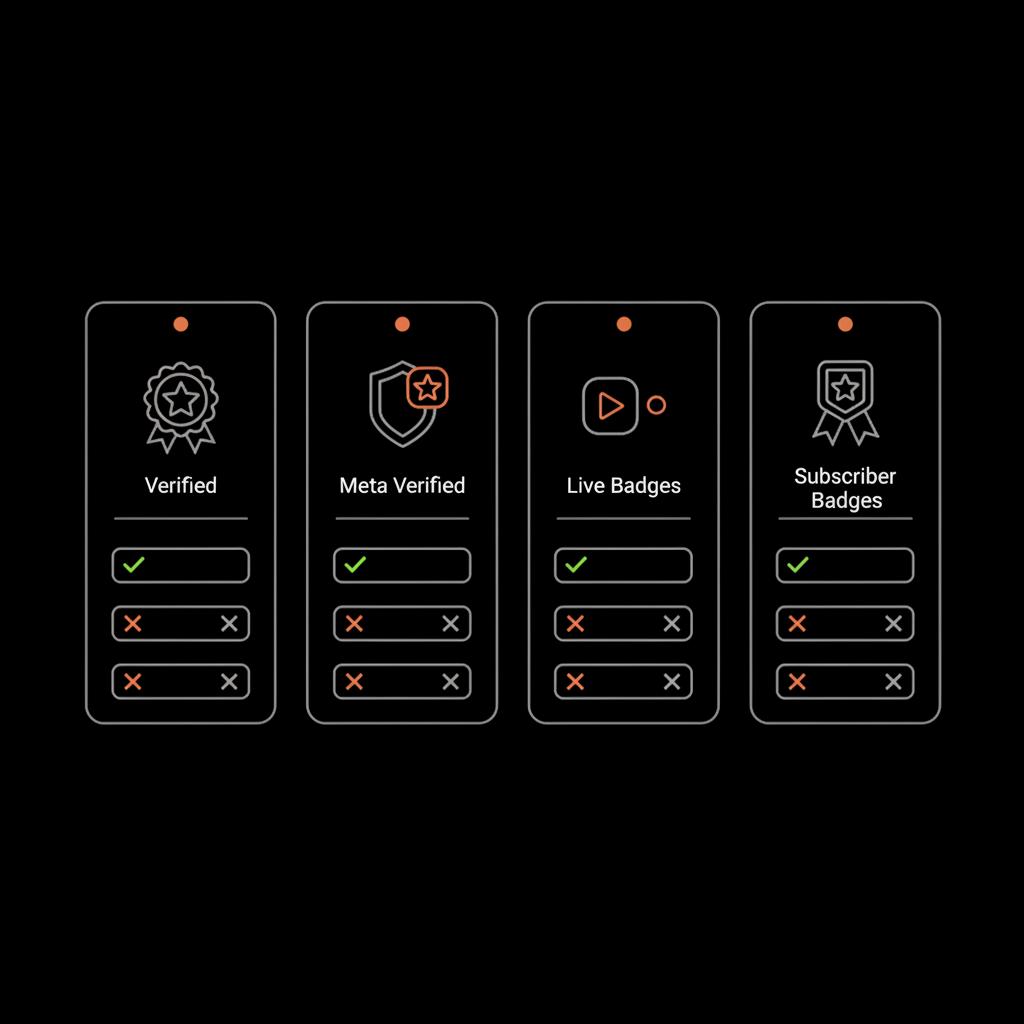 Minimal 2D vector dashboard showing four-column Instagram badges eligibility with icons for verified, meta verified, live badges and subscriber badges, and check/cross marks.