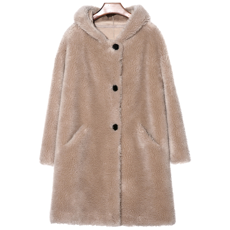 Women's Faux Shearling Coat with Hood, Mid-Length