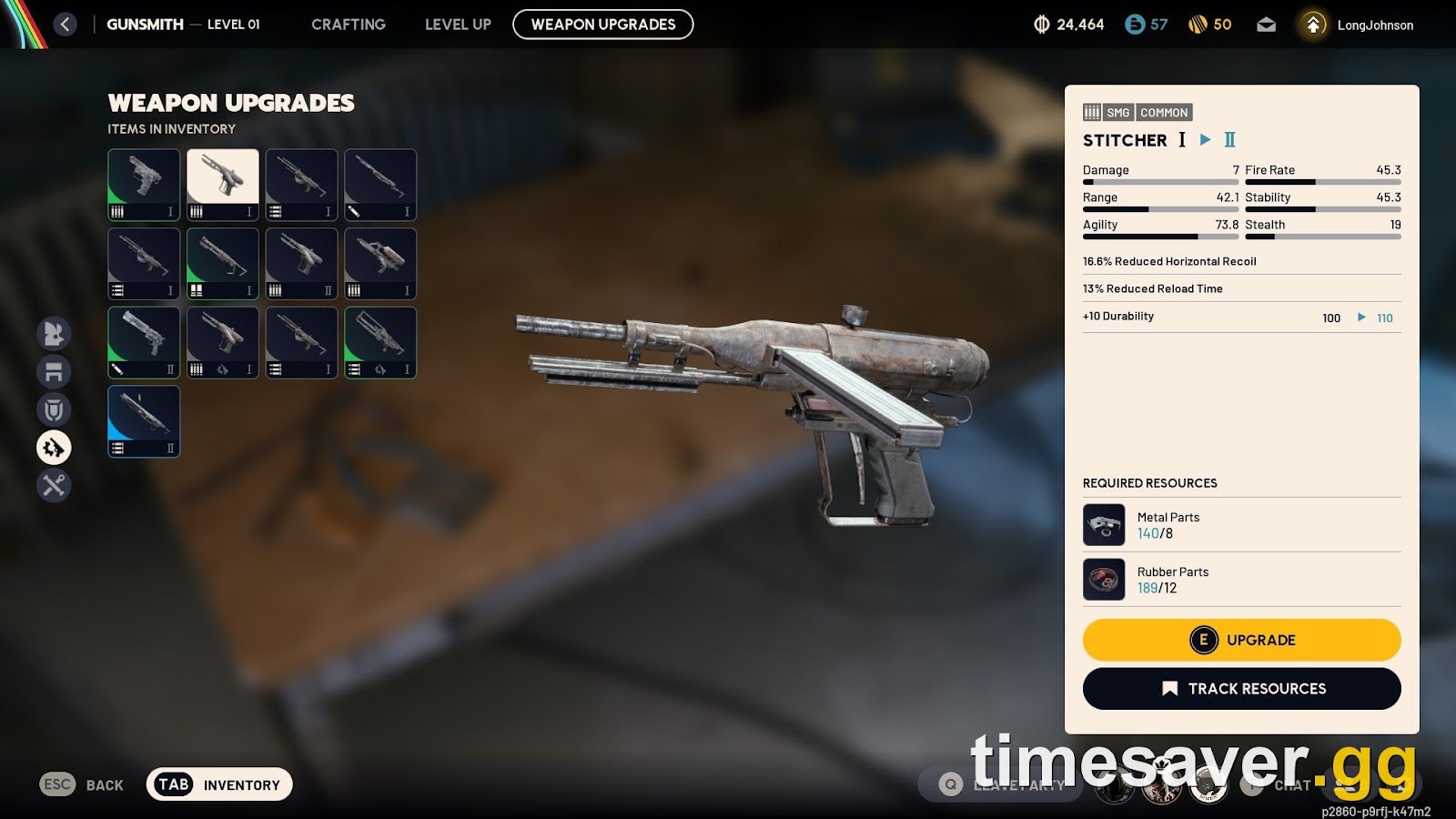 ARC Raiders existing Gunsmith weapon-upgrade screen showing a weapon on the workbench with its required resources — the new Research Workstation is a separate late-game bench