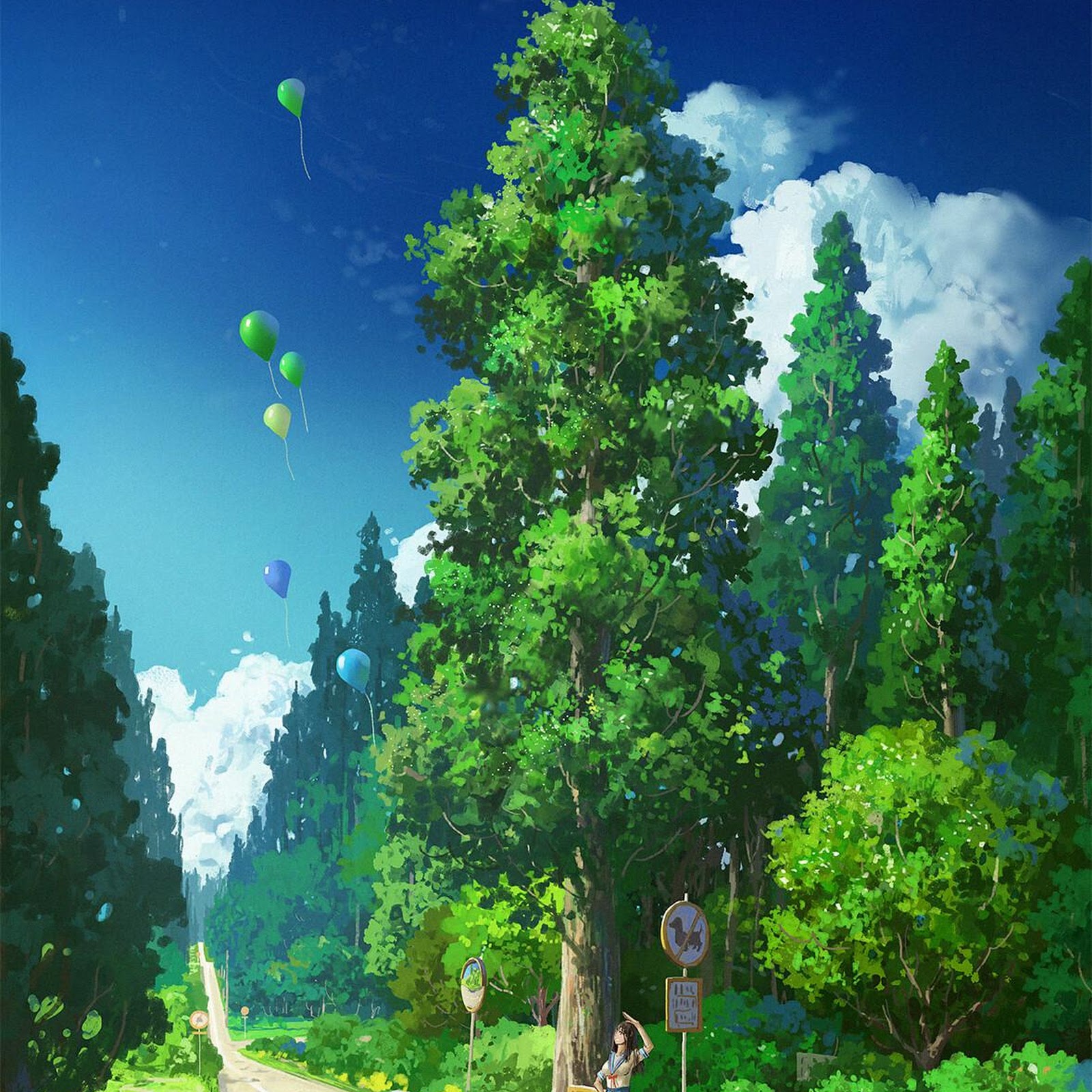 Download Anime Scenery, Road, Balloons, Nature Illustration Full HD iPhone