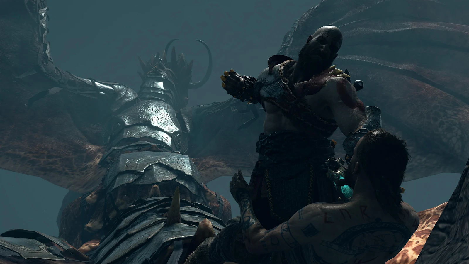 Kratos and Baldur Dragon Fight - Video Game Cinematics 4K Wallpaper (3840x2160)