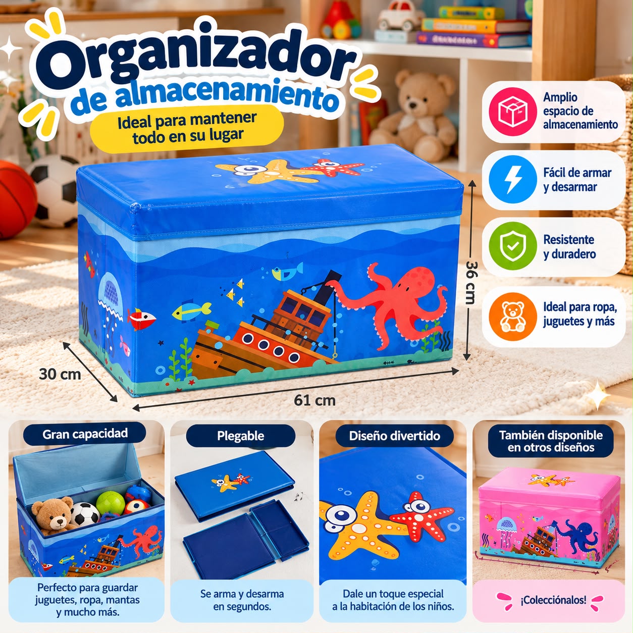 Organizador de almacenamiento infantil fondo marino 61 x 30 x 36 cm