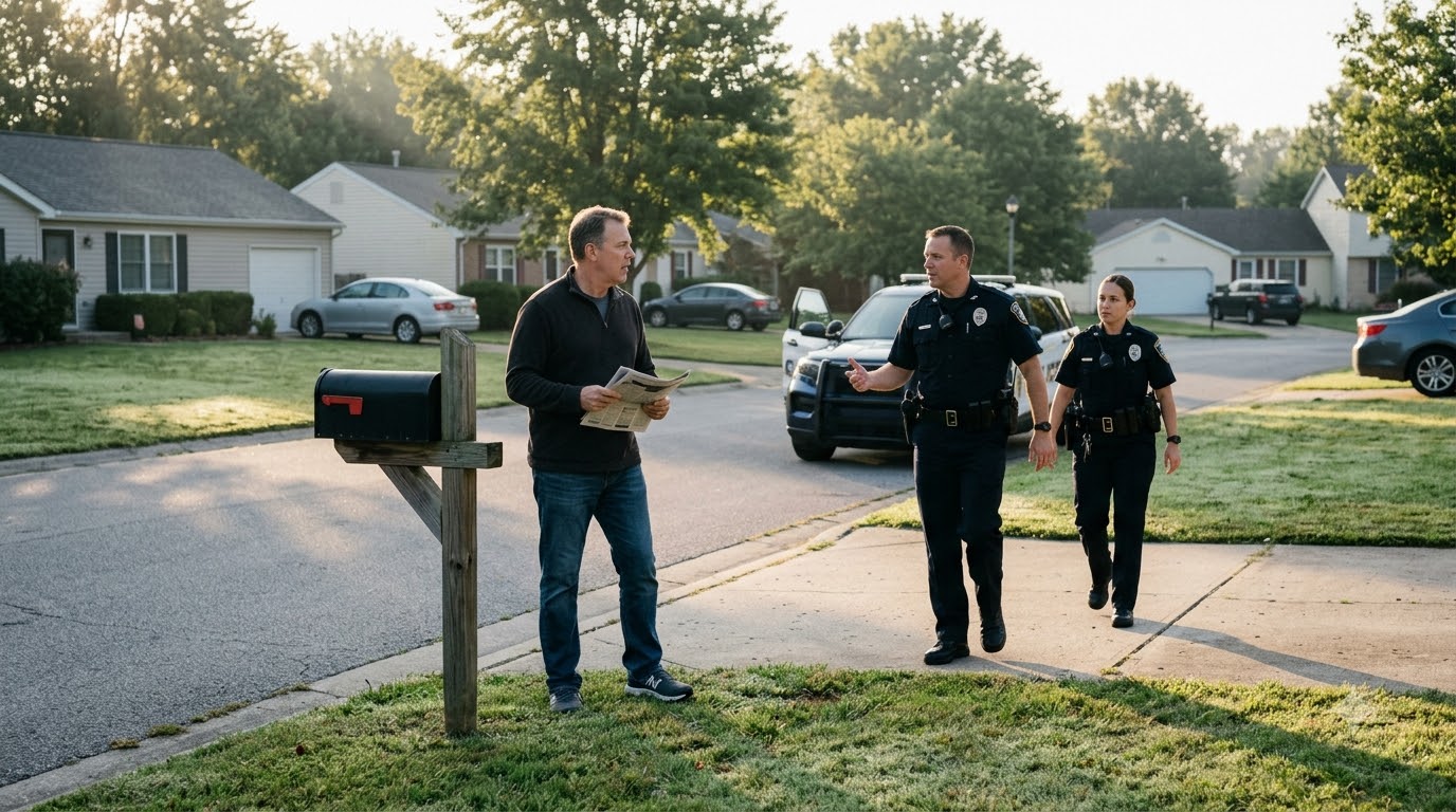 The Peaceful Early Morning In A Quiet Suburban Neighborhood Was Suddenly Disrupted When Two Police Officers Approached A Middle-Aged Man Standing Beside