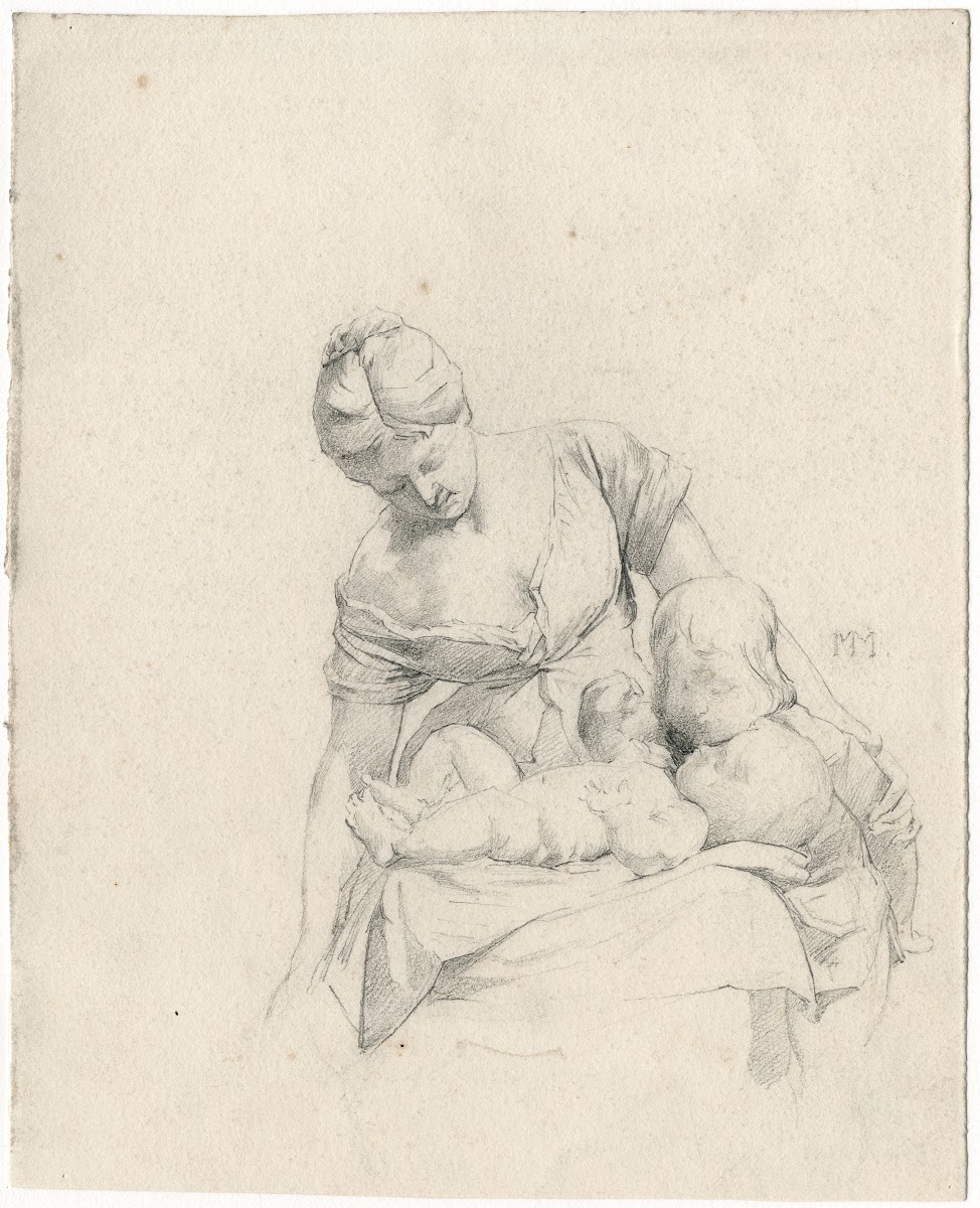 Vrouw bezig met verschonen baby kind kijkt toe 1869