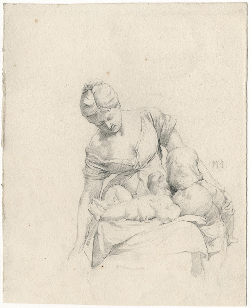 Vrouw bezig met verschonen baby kind kijkt toe 1869