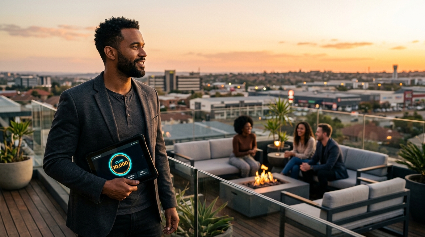 Rowen on a Boksburg rooftop at golden hour. The Club 10,000 lifestyle.