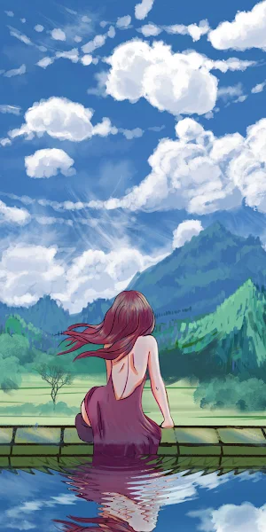 Landscape, Clouds, Rear View, Back, Hair Blowing In The Wind 4K Wallpaper Background