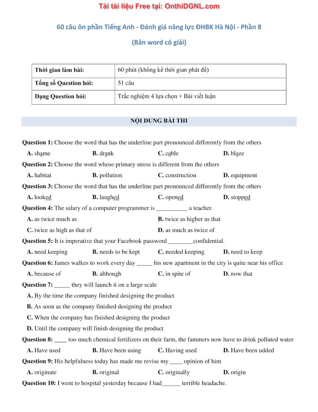 660 bài tập môn Tiếng Anh - Ôn thi ĐGNL ĐHBK Hà Nội Phần 8