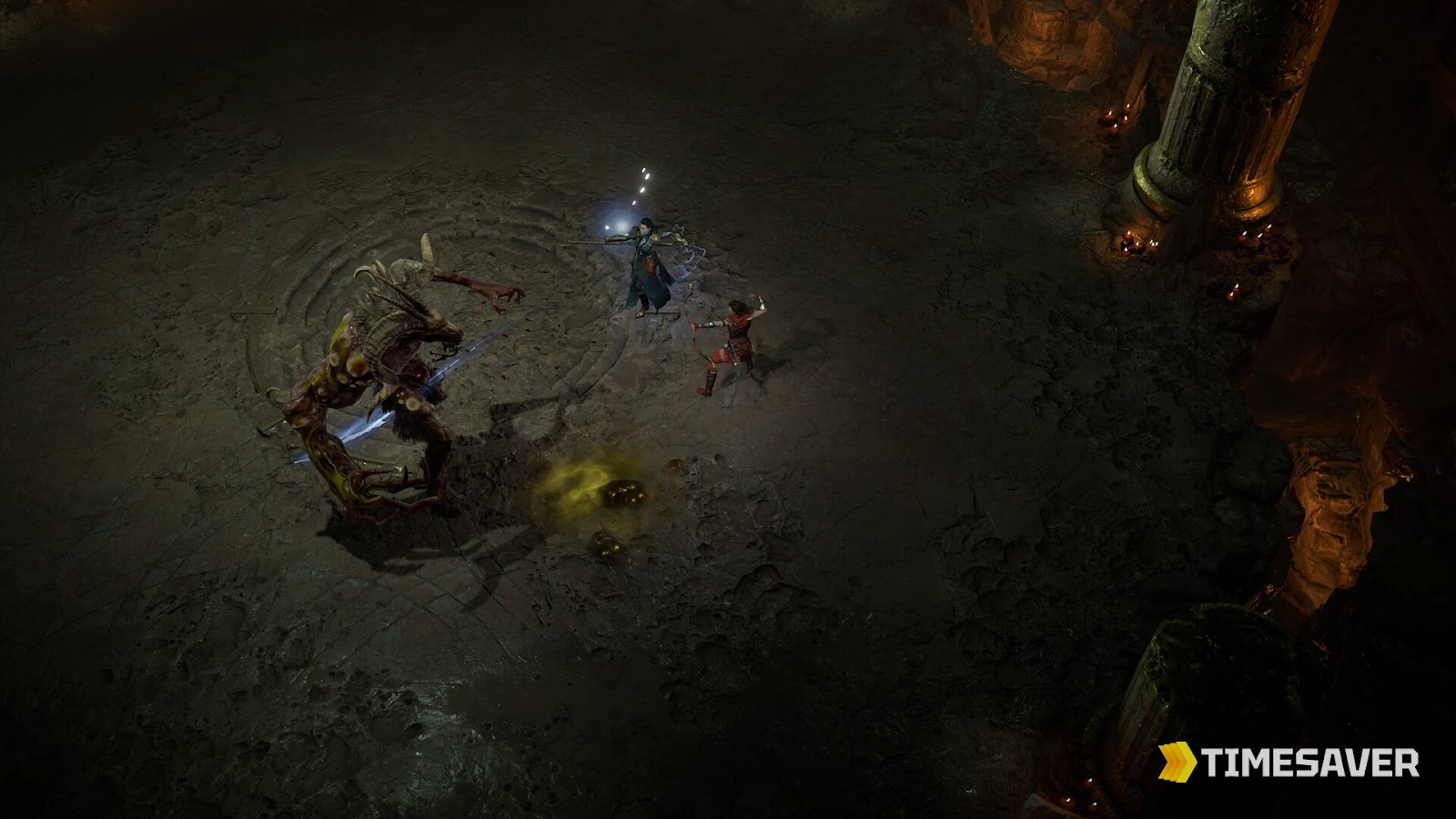 A Diablo IV character fighting a swarm of demons amid layered loot and skill effects