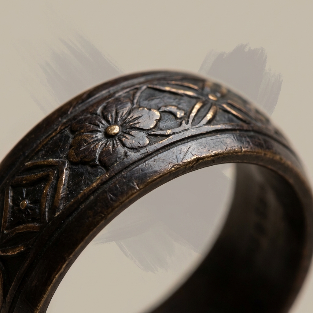 Macro close up of shakudo inlay on ancient japanese rings showing dark patina and subtle warm highlights on raised decoration on pale beige background