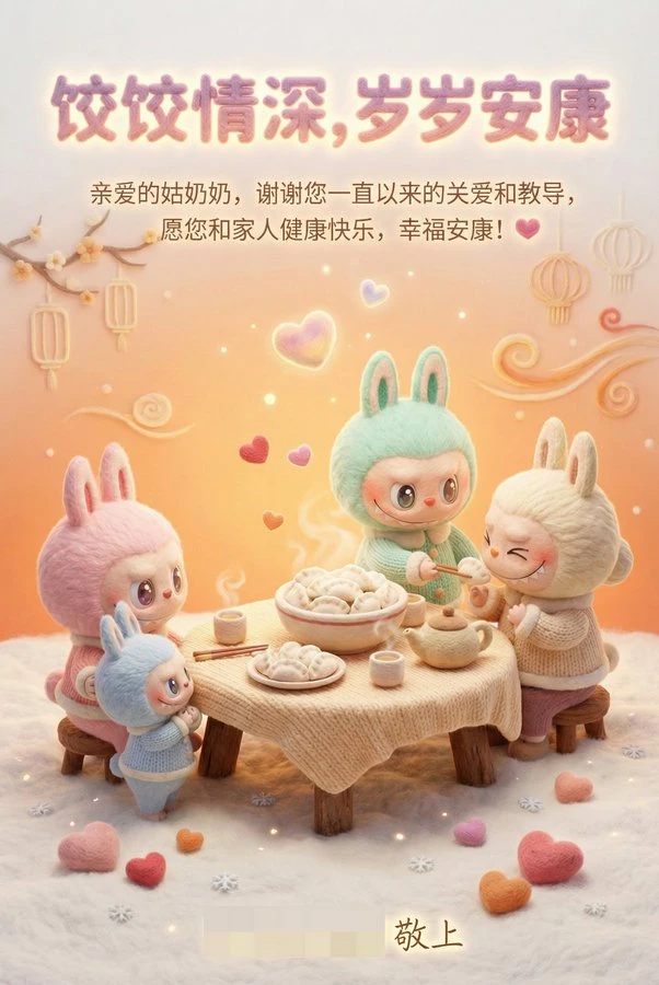 Escena acogedora de reunión de personajes Labubu al estilo fieltro de lana para el solsticio de invierno