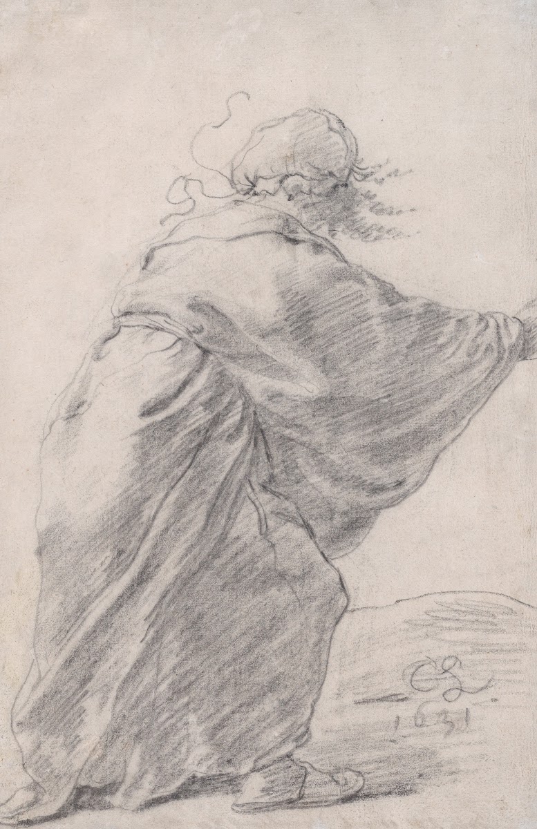 A wild haired robed woman rushing to the right seen from behind 1631