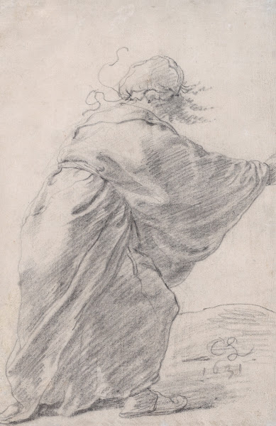 A wild haired robed woman rushing to the right seen from behind 1631