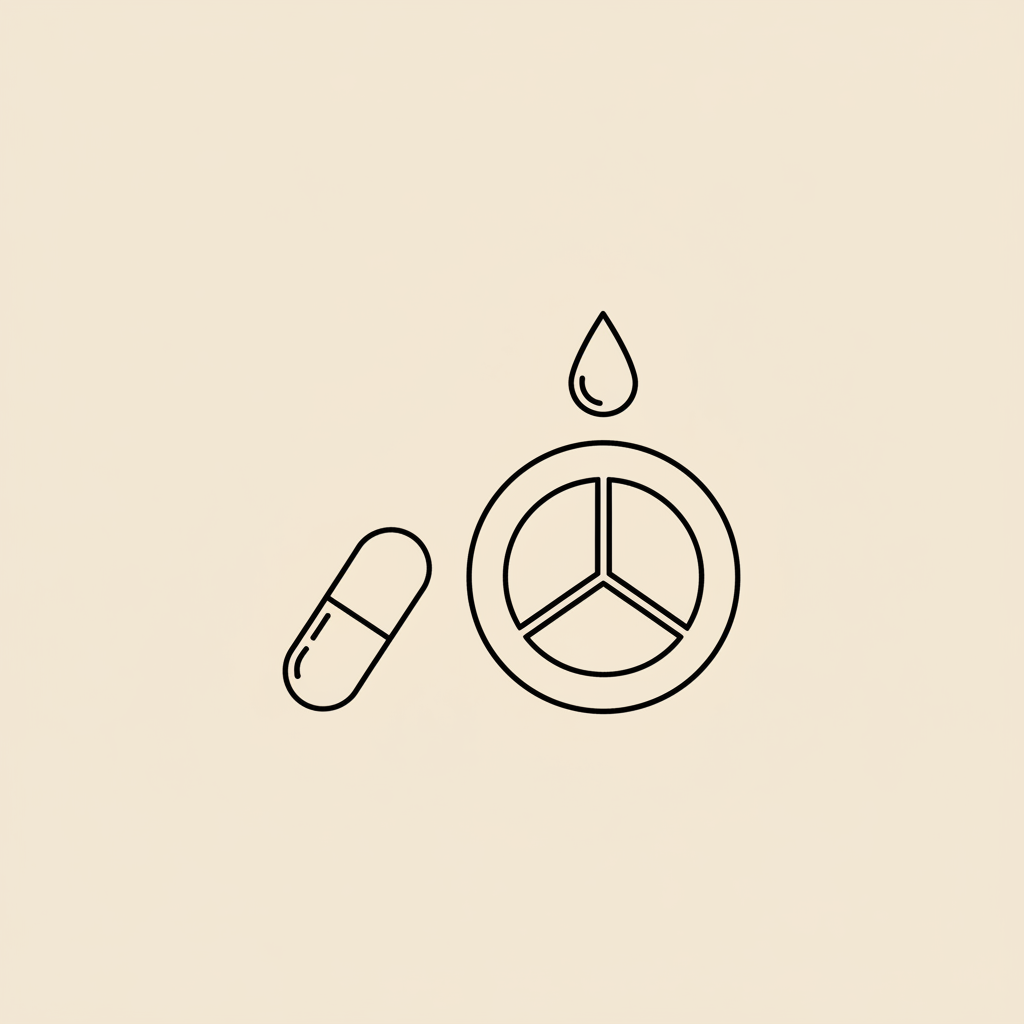 Minimal Tonum-style line illustration of a capsule, balanced plate and water droplet on beige background representing CLA weight gain and daily habits.