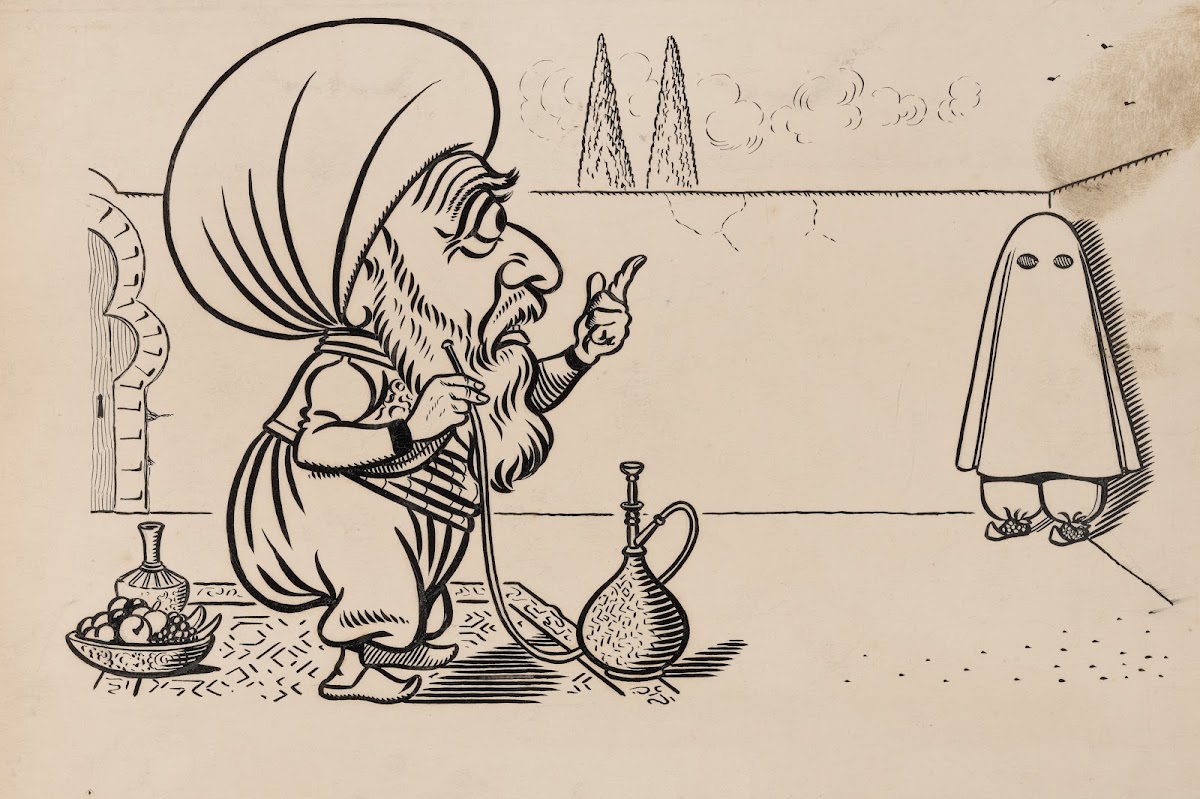 Twelve comic strip frames of Arabic woman running away with young man after argu