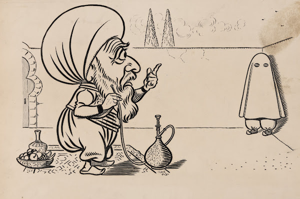 Twelve comic strip frames of Arabic woman running away with young man after argu