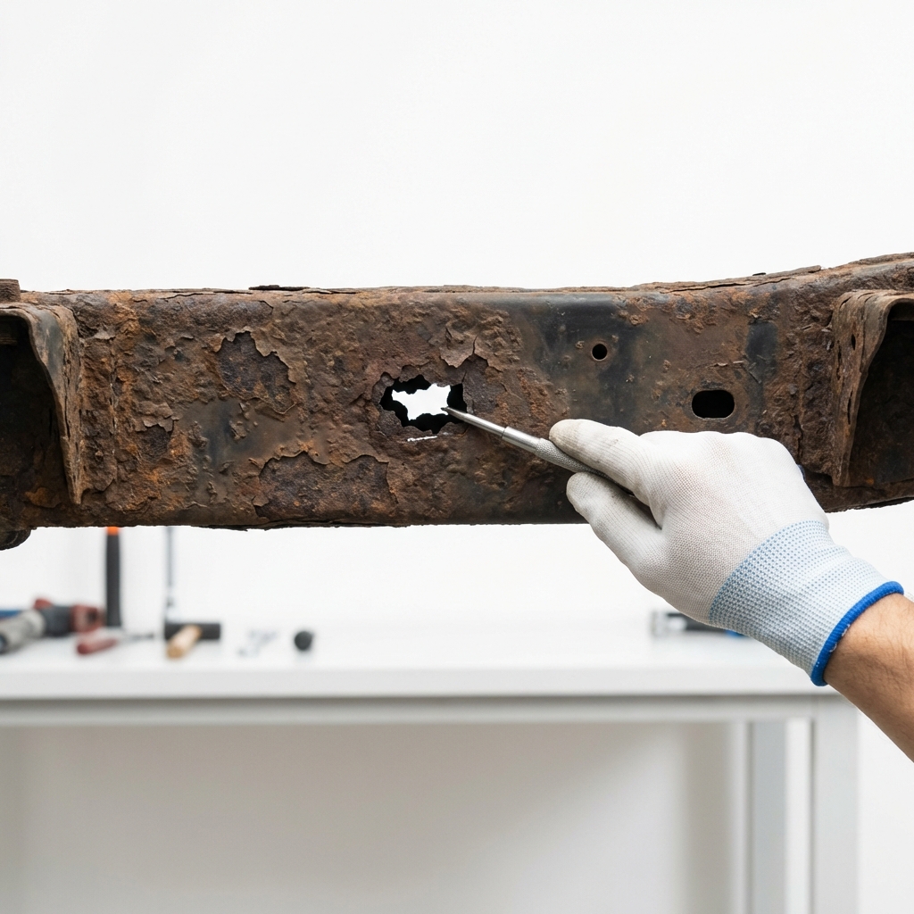 Close up of rusty vehicle frame rail with mechanic pointing to perforation in workshop inspection indicating used toyota tacoma for sale